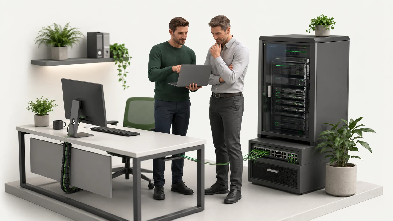 Illustration: IT-Spezialist und Kunde besprechen ihre IT an einem Arbeitsplatz mit Server- und Netzwerktechnik.